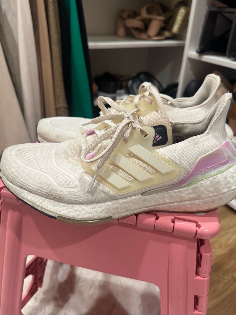 adidas Women's Cream and Pink UltraBoost Athletic Sneakers